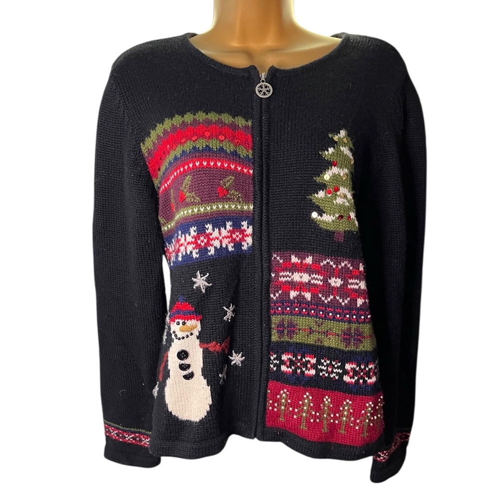 Vintage Y2K Petite Sophisticate Christmas Zip Cardigan Snowman Fair Isle Black S
